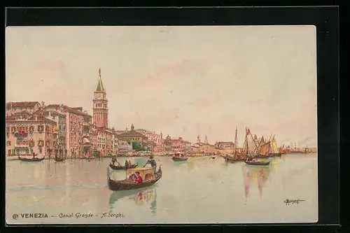 Lithographie Venezia, Canal Grande, Alberghi