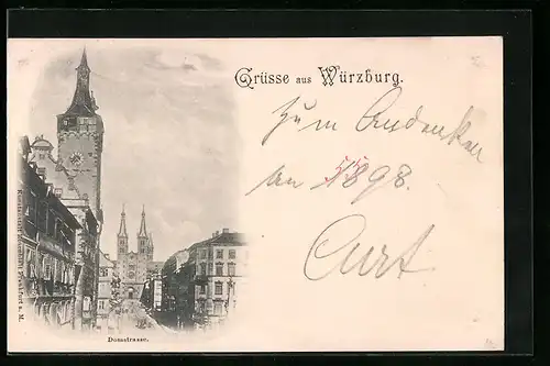 AK Würzburg, Domstrasse mit Kirche und Dom