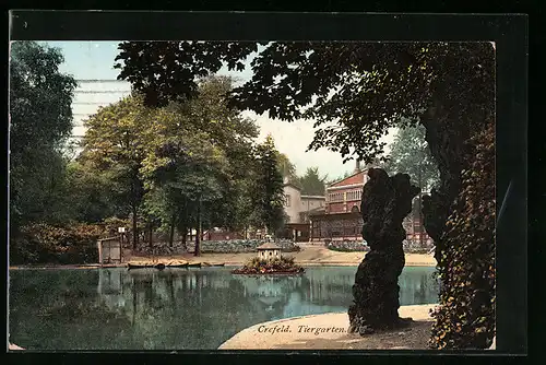 AK Crefeld, See und Gebäude im Tiergarten