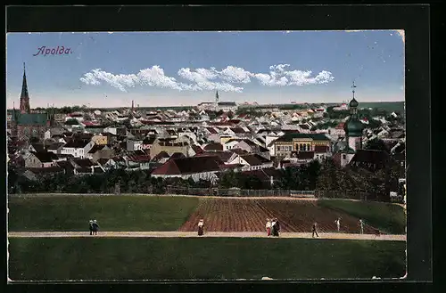AK Apolda, Ortsansicht mit Spaziergängern auf einem Feldweg