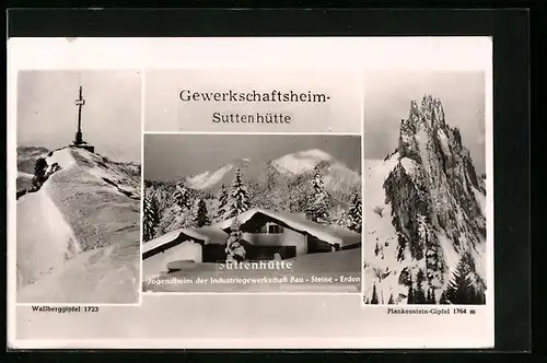 AK Rottach, Gewerkschaftsheim-Suttenhütte im Winter, Wallberg- und Plankenstein-Gipfel