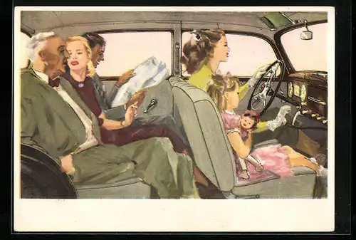 Künstler-AK Mercedes-Benz Typ 170 S, Familie im Auto