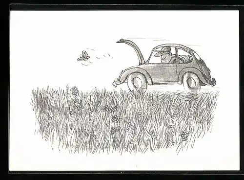 AK Mann fährt mit Auto hinter einem Schmetterling, Aus der Serie Spass am VW
