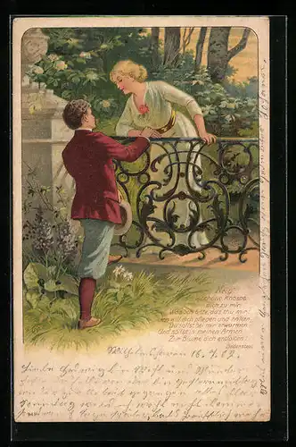 AK Liebespaar schaut sich über einen Zaun hinweg an
