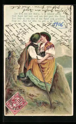 Künstler-AK Küssendes Paar in den Bergen, bayerische Tracht
