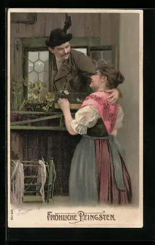 AK Liebespaar umarmt sich durchs Fenster