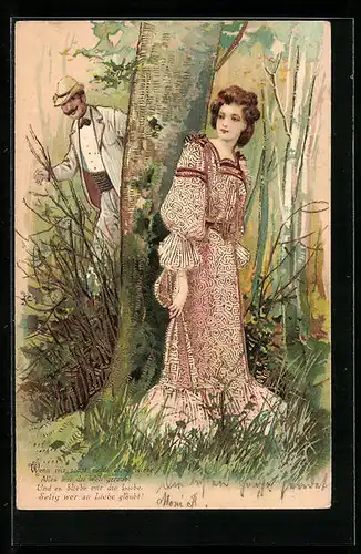 AK Liebespaar spielt im Wald Verstecken