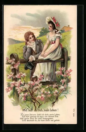 AK Liebespaar an einem Zaun auf einer Wiese