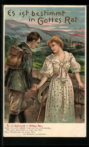 AK Es ist bestimmt in Gottes Rat..., Liebespaar in den Bergen, Im Hintergrund Kirche