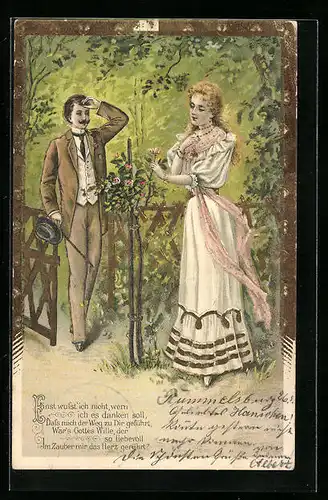 AK Liebespaar an einem Gartenzaun mit Blumen