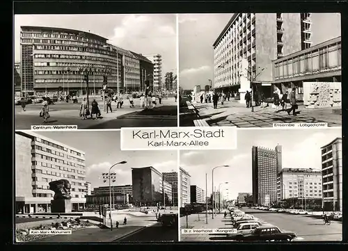 AK Karl-Marx-Stadt, Centrum-Warenhaus, Ensemble Lobgedichte, Karl-Marx-Monument, Interhotel Kongress