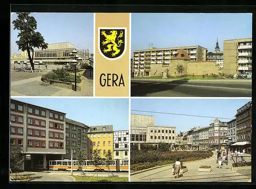 AK Gera, Haus der Kultur, Historische Stadtmauer, Strassenbahndurchfahrt Johannisstrasse