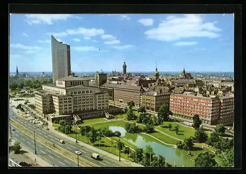 AK Leipzig, Blick auf die Stadt mit Oper und Hochhaus der Karl-Marx-Universität