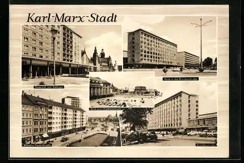 AK Karl-Marx-Stadt, Rosenhof mit Rathaus, Blick in die Brückenstrasse, Wilhelm-Pieck-Strasse, Stadtzentrum