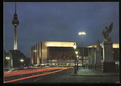 AK Berlin, Palast der Republik, Marx-Engels-Brücke, Fernsehturm bei Nacht, Erichs Lampenladen