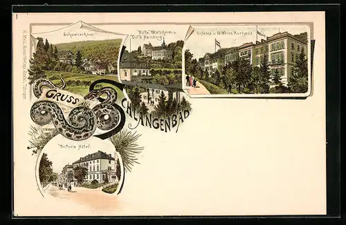Lithographie Schlangenbad, Victoria Hotel, Villa Waldheim und Villa Hainburg
