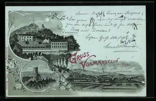 Mondschein-Lithographie Volmarstein an der Ruhr, Hotel Weheberg, Ruine