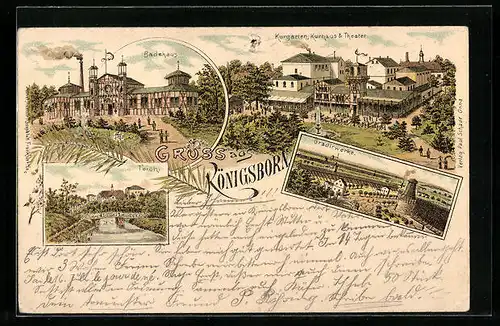 Lithographie Königsborn, Gradirwerk, Kurgarten, Kurhaus & Theater, Badehaus
