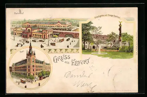 Lithographie Erfurt, Bahnhof, Strassenbahn, Post, Hirschgarten mit Krieger-Denkmal