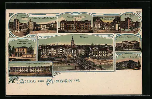 Lithographie Minden i. W., Marienwall-Kaserne, Neue Artillerie-Kaserne, Bahnhof-Kaserne
