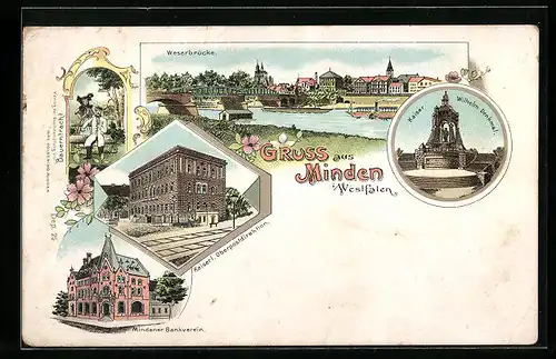Lithographie Minden i. W., Weserbrücke, Mindener Bankverein, Bauerntracht