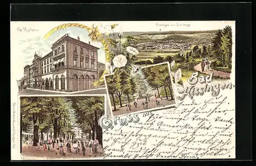 Lithographie Bad Kissingen, Ortsansicht vom Sinnberg, Kgl. Kurhaus, Kurgarten