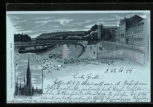 Mondschein-Lithographie Saarbrücken-St. Johann, Ortspartie mit Brücke, Johanniskirche