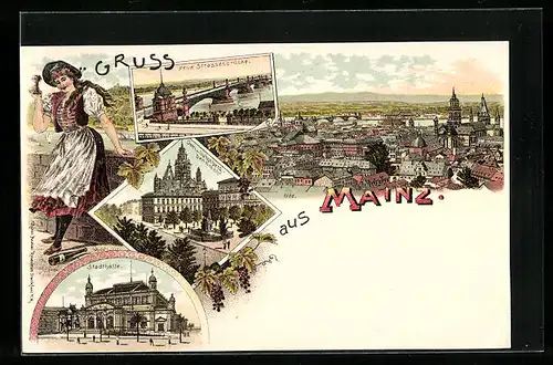 Lithographie Mainz, Teilansicht, Stadthalle, Neue Strassenbrücke