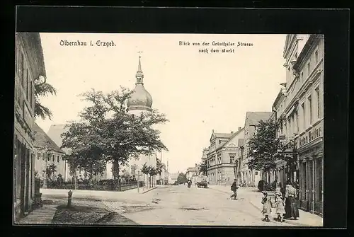 AK Olbernhau /Erzgeb., Blick von der Grünthaler Strasse nach dem Markt