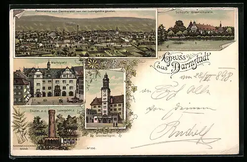 Lithographie Darmstadt, Panorama von der Ludwigshöhe aus, Schloss Kranichstein, Marktplatz