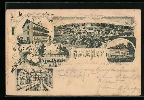 Lithographie Oberhof, Ortsansicht, Gasthaus Holland Pensions- & Logirhaus mit Saal