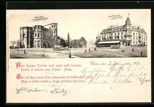 AK Trier, Ortspartie mit Porta Nigra und Hotel Porta Nigra Emil Kathe