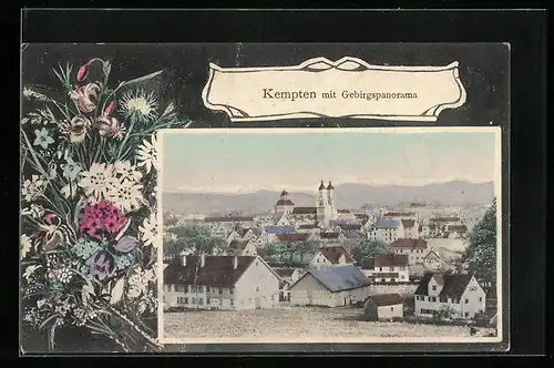 AK Kempten, Ortsansicht mit Gebirgspanorama, Blumen