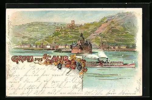 Lithographie Caub, Ortspanorama mit Dampfer und Burg