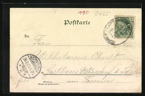 Lithographie Caub, Ortspanorama mit Dampfer und Burg