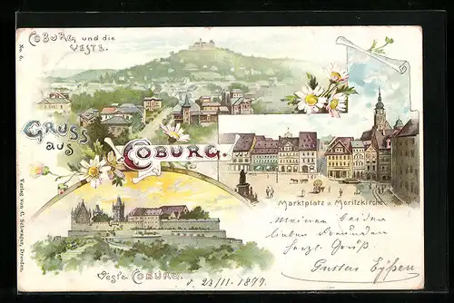 Lithographie Coburg, Teilansicht und die Veste, Marktplatz und Moritzkirche