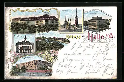 Lithographie Halle a. S., Moritzburg, Frankestiftung, Marktplatz
