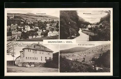 AK Brunndöbra i. Sa., Turnhalle mit Wanderherberge des 14. Turnkreises Sachsen, Blick auf den Aschberg, Mühlbachtal