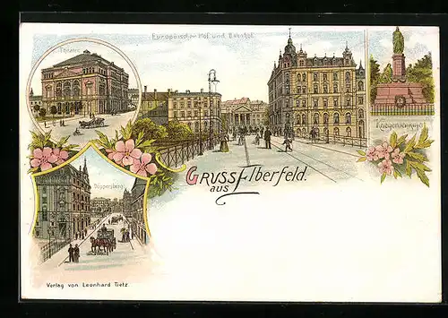 Lithographie Elberfeld, Hotel Europäischer Hof und Bahnhof, Theater, Döppersberg