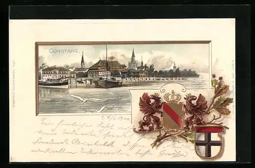 Passepartout-Lithographie Konstanz, Uferpartie mit Dampfer, Wappen