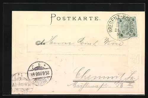 Passepartout-Lithographie Konstanz, Uferpartie mit Dampfer, Wappen