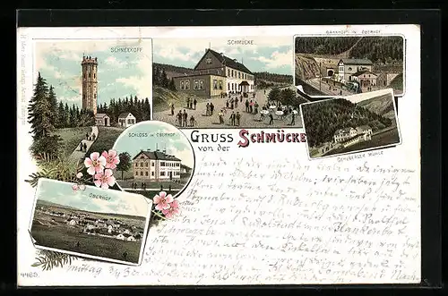 Lithographie Oberhof, Gasthaus Schmücke, Bahnhof, Gehlberger Mühle