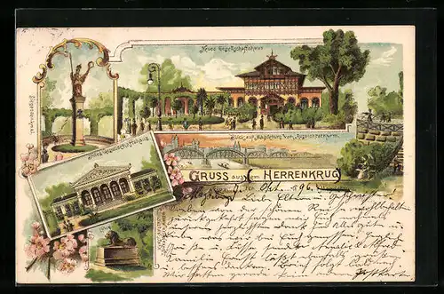 Lithographie Magdeburg, Neues Gesellschaftshaus Herrenkrug, Altes Gesellschaftshaus, Löwe