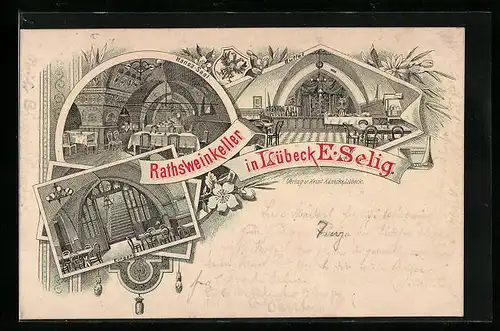 Lithographie Lübeck, Gasthasu Ratsweinkeller, Innenansichten Hansa-Saal, Buffet und Eingang