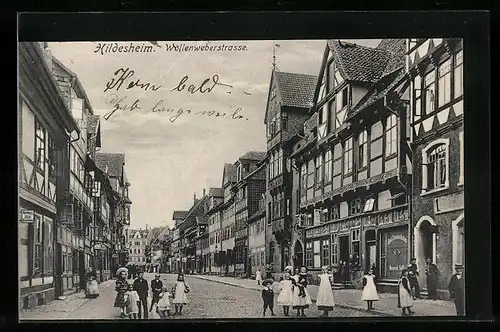AK Hildesheim, Wollenweberstrasse mit Geschäften