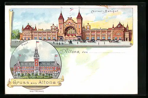 Lithographie Hamburg-Altona, Central-Bahnhof, Post
