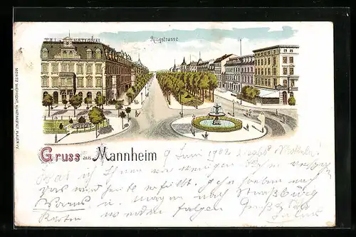 Lithographie Mannheim, Ringstrasse mit Hotel National und Brunnen