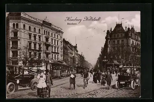 AK Hamburg-St.Georg, Strasse Steindamm mit Strassenbahn