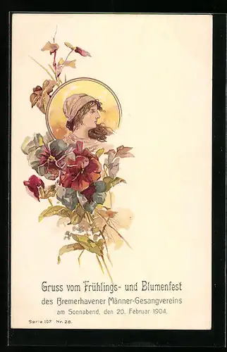 Lithographie Bremerhaven, Frau mit Blumenmotiv, Frühlings- und Blumenfest des Männer-Gesangvereins 1904