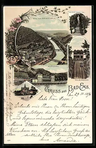 Lithographie Bad Ems, Malbergbahn, Kaiser-Denkmal, Kursaal